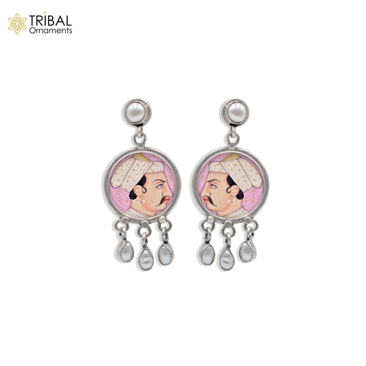 Sterling silver king miniature painting drop dangle earring by Tribal Ornaments featuring detailed art design.
