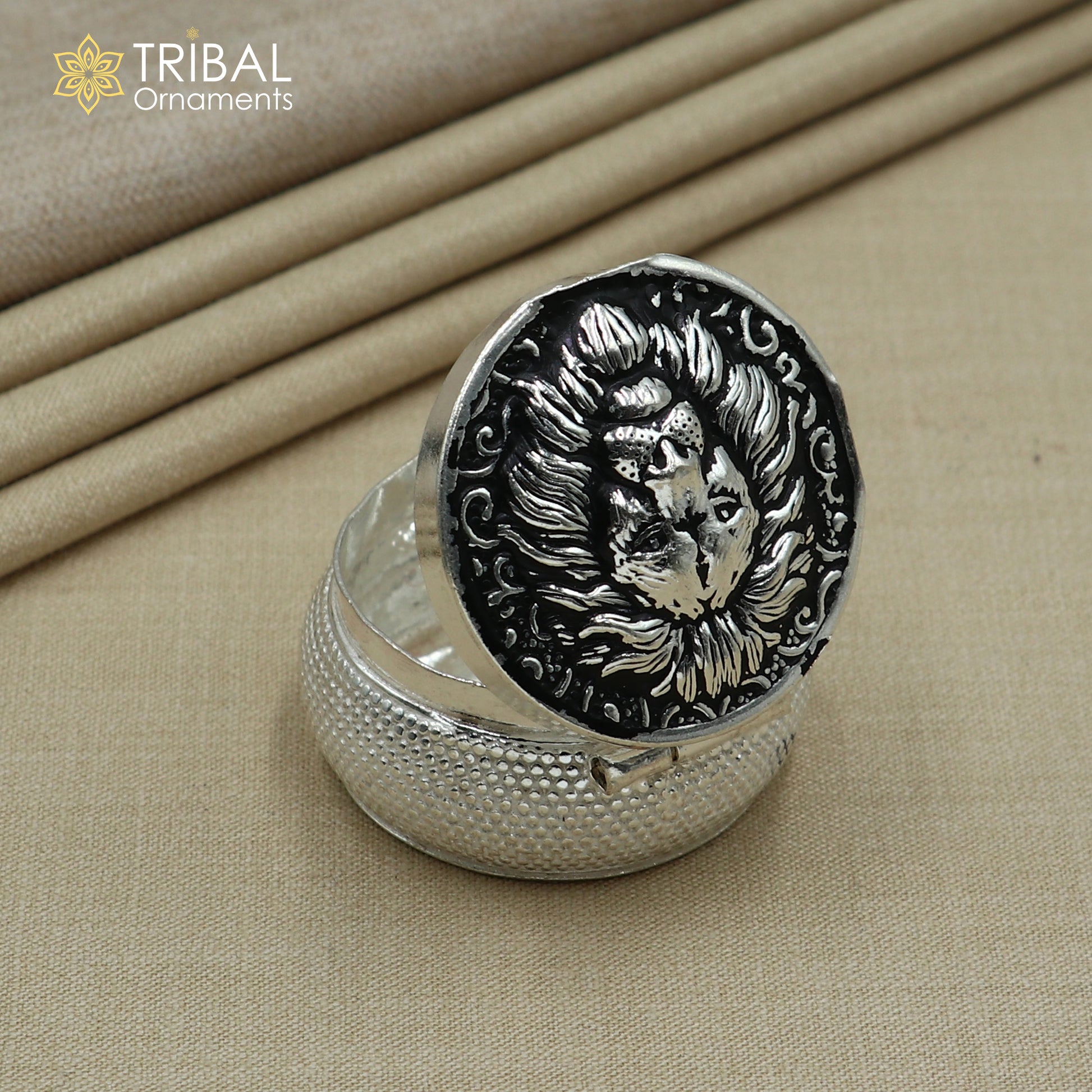 925 sterling silver lion face design trinket,casket, Sindoor box brides jewelry stb879 - TRIBAL ORNAMENTS