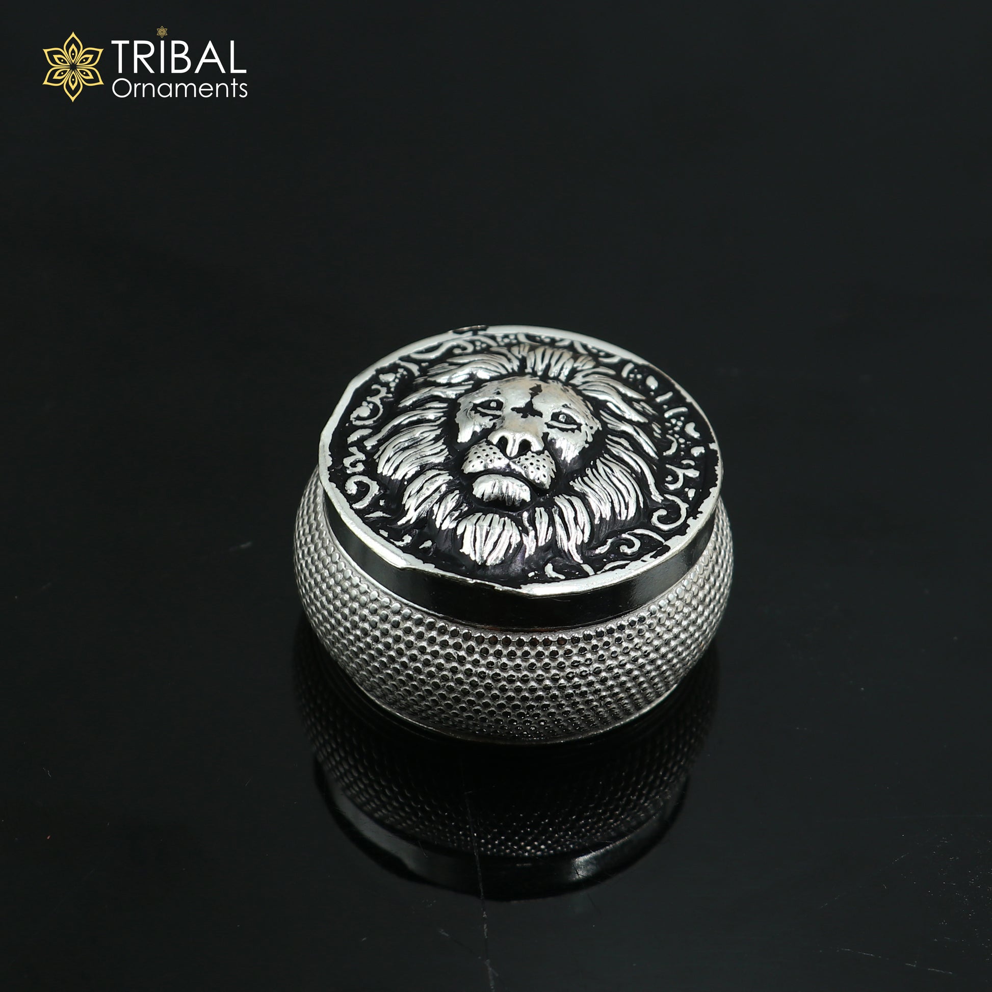 925 sterling silver lion face design trinket box, Sindoor box for brides jewelry by TRIBAL ORNAMENTS.