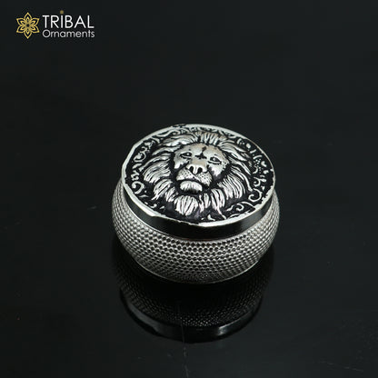 925 sterling silver lion face design trinket box, Sindoor box for brides jewelry by TRIBAL ORNAMENTS.