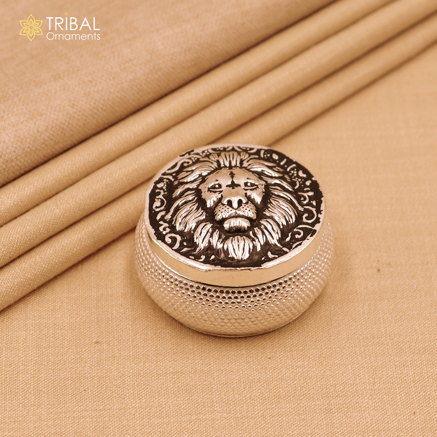 925 sterling silver lion face design trinket box, Sindoor box for brides jewelry, from TRIBAL ORNAMENTS.