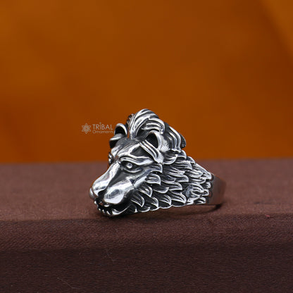 925 sterling silver lion face ring by TRIBAL ORNAMENTS featuring an adjustable band and bold lion design for men.