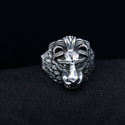 925 sterling silver lion face ring by TRIBAL ORNAMENTS, adjustable best man's ring with detailed lion design.