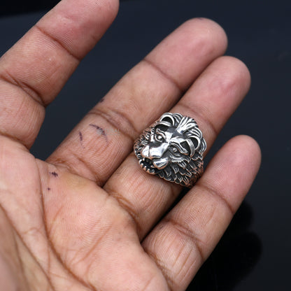 925 sterling silver lion face ring for men, adjustable tribal ornament ring featuring detailed lion design and bold style.