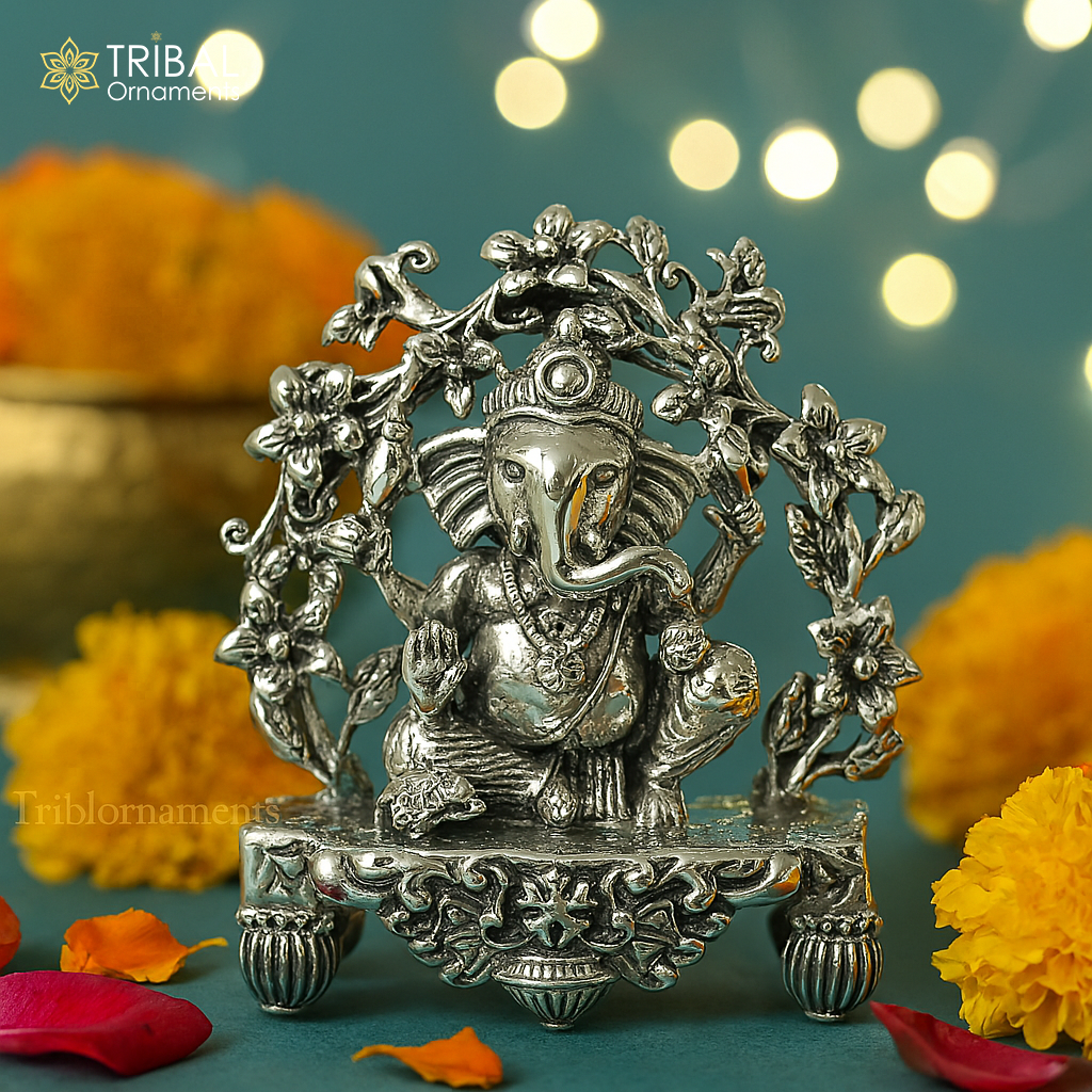 925 Sterling silver Lord Ganesh Idol, Pooja Articles, Indian Silver Idols, handcrafted Lord Ganesh statue sculpture amazing gifting art175 - TRIBAL ORNAMENTS