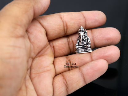 Small handcrafted 925 sterling silver Lord Ganesh idol sculpture, ideal for Diwali puja and religious gift purposes.