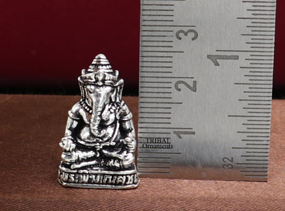 Small 925 Sterling silver Lord Ganesh idol statue, handcrafted figurine for Diwali puja, by TRIBAL ORNAMENTS.