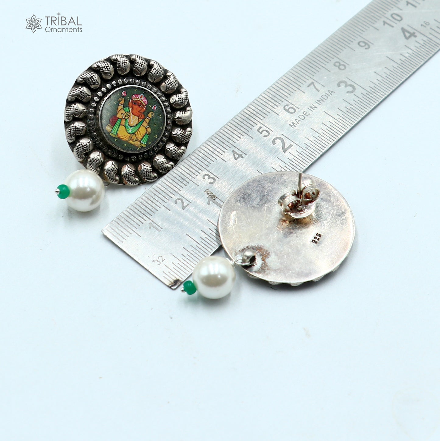 925 silver Lord Ganesha miniature art painting hoops earrings by Tribal Ornaments, detailed silver jewelry with traditional design