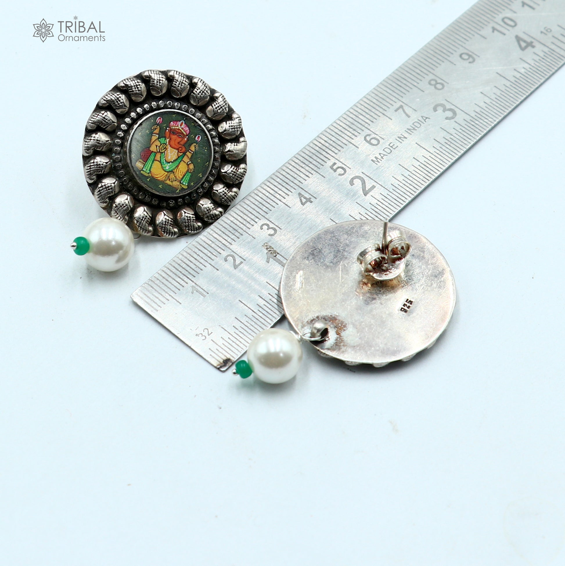 925 silver Lord Ganesha miniature art painting hoops earrings by Tribal Ornaments, detailed silver jewelry with traditional design