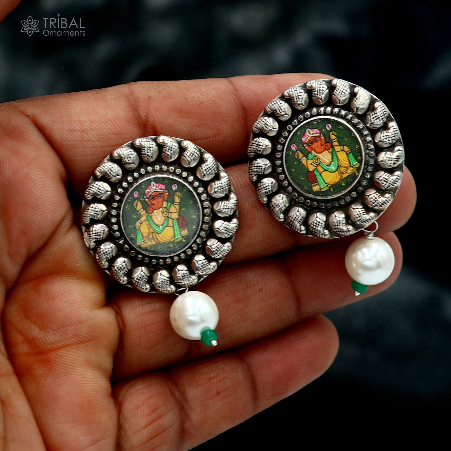 Sterling silver Lord Ganesha miniature art painting hoop earrings by TRIBAL ORNAMENTS featuring detailed Ganesha design.