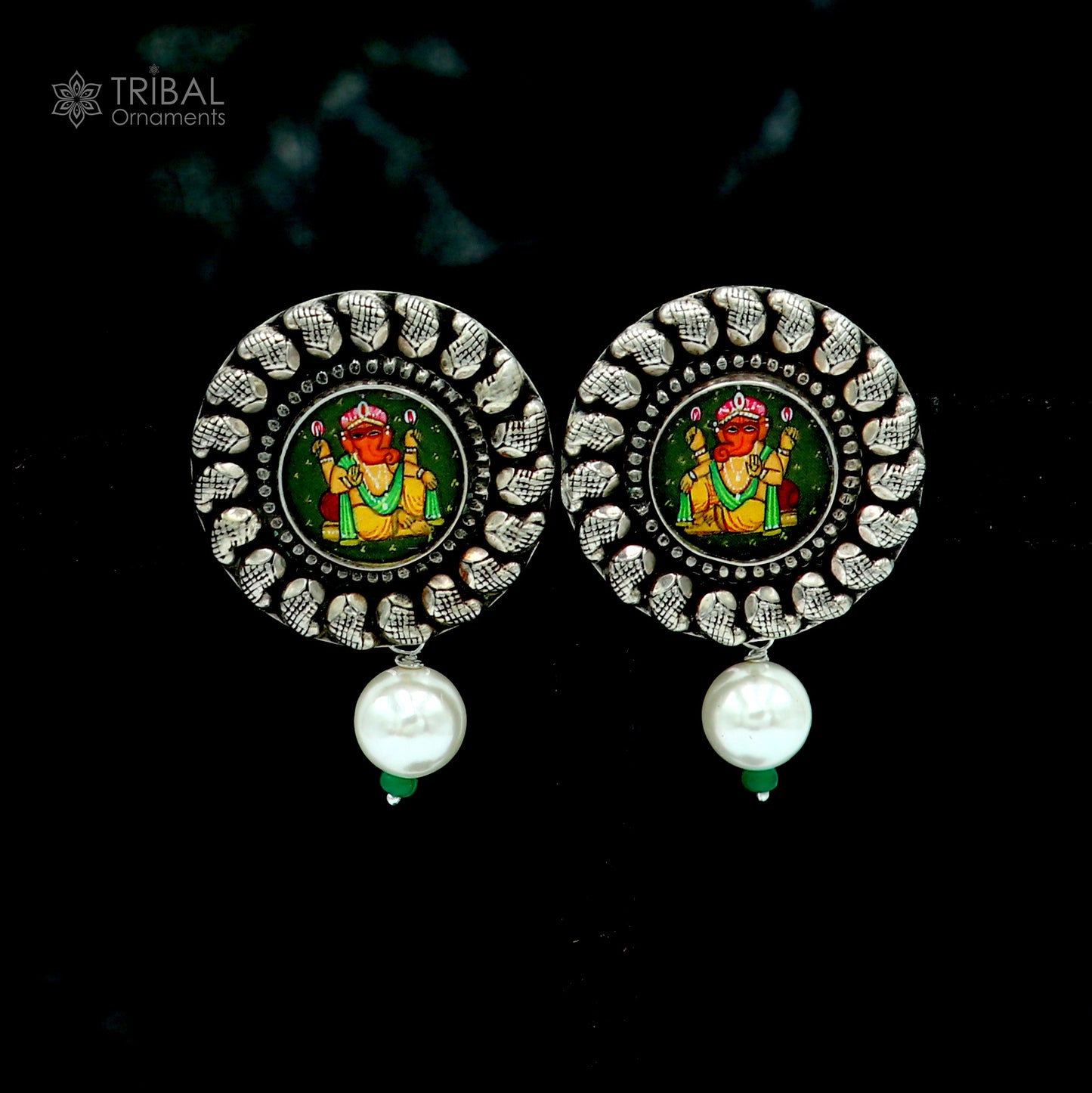 Sterling silver Lord Ganesha miniature art painting hoops earrings by TRIBAL ORNAMENTS showing intricate Ganesha design