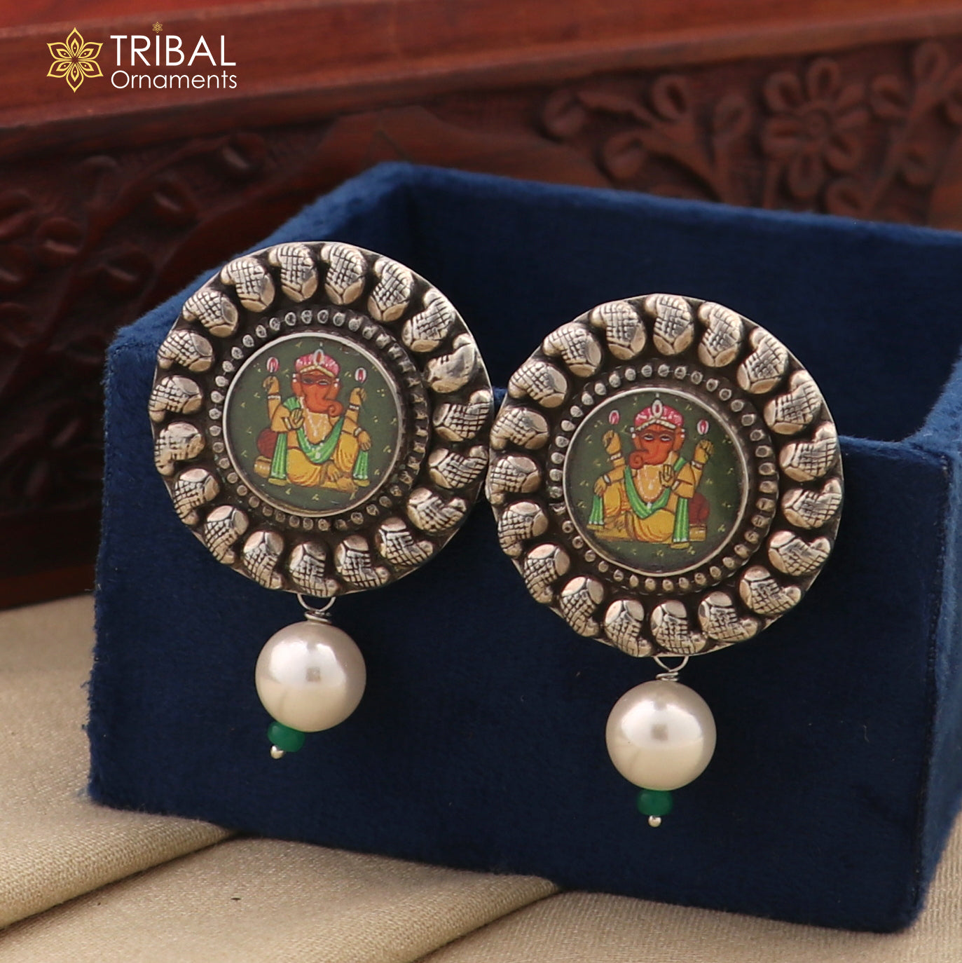 925 sterling silver Lord Ganesha miniature art painting hoops earrings by Tribal Ornaments, detailed Ganesha design on silver hoops