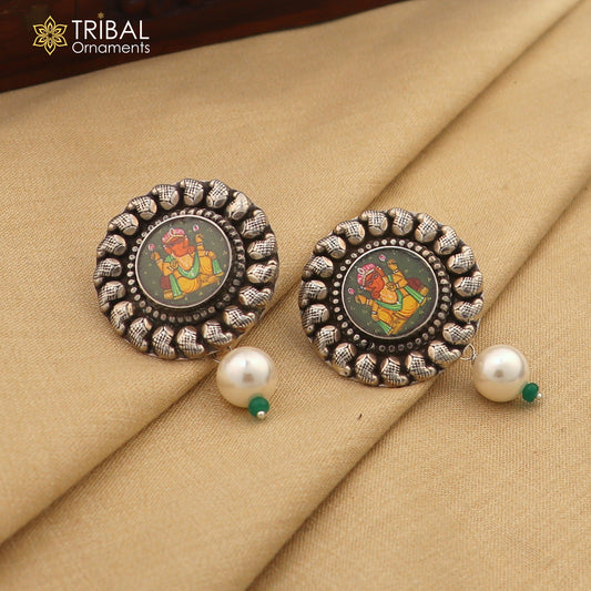 Sterling silver Lord Ganesha miniature art painting hoops earrings by Tribal Ornaments, featuring detailed Ganesha design.