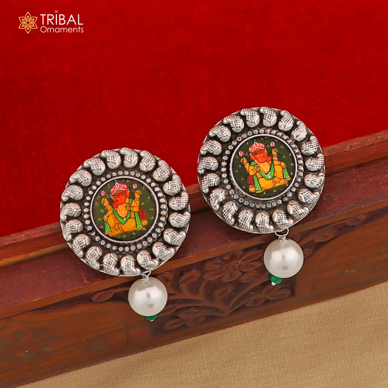 Sterling silver Lord Ganesha miniature art painting hoops earrings by Tribal Ornaments, detailed Ganesha design on silver hoops.