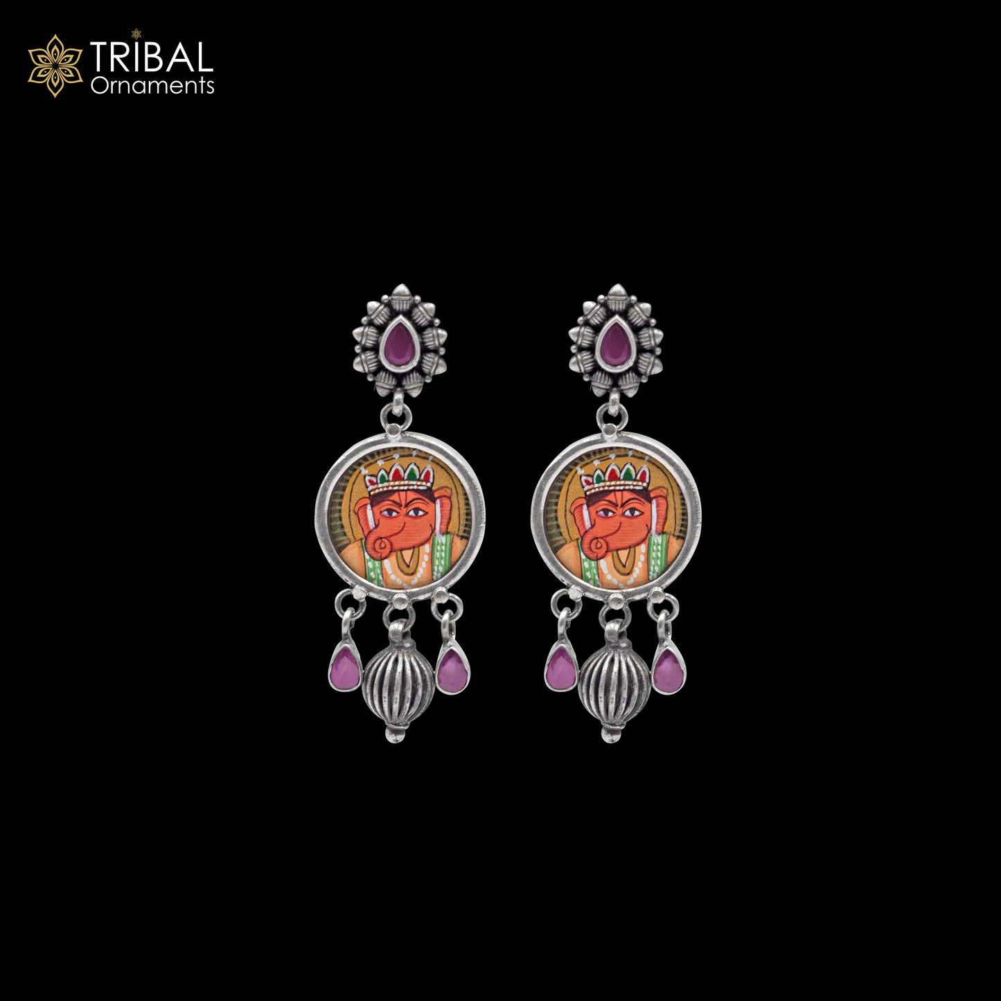 925 sterling silver Lord Ganesha miniature painting drop dangle earring by TRIBAL ORNAMENTS featuring detailed Ganesha artwork.