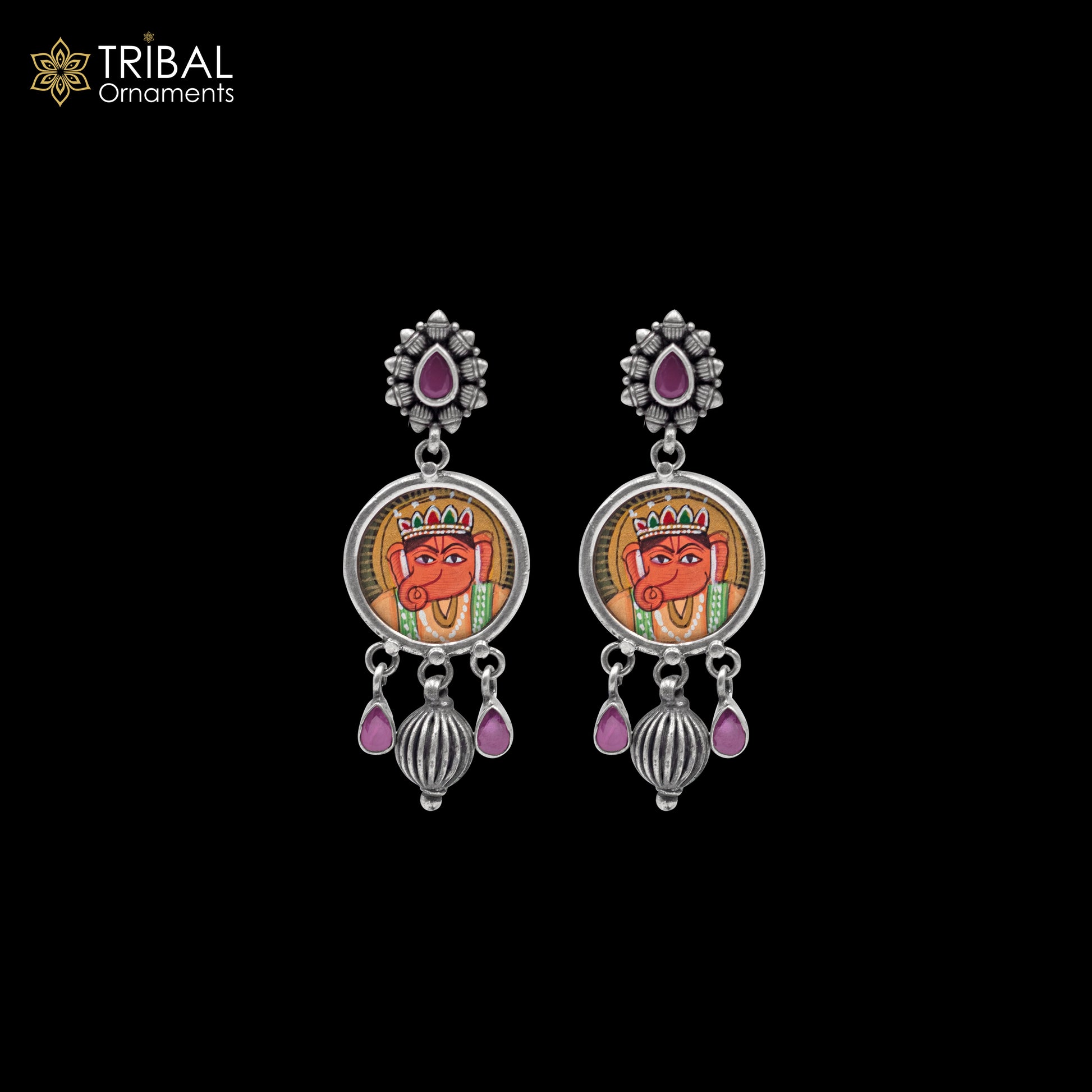 925 sterling silver Lord Ganesha miniature painting drop dangle earring by TRIBAL ORNAMENTS featuring detailed Ganesha artwork.