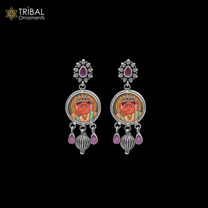 925 sterling silver Lord Ganesha miniature painting drop dangle earring by TRIBAL ORNAMENTS featuring detailed Ganesha artwork.
