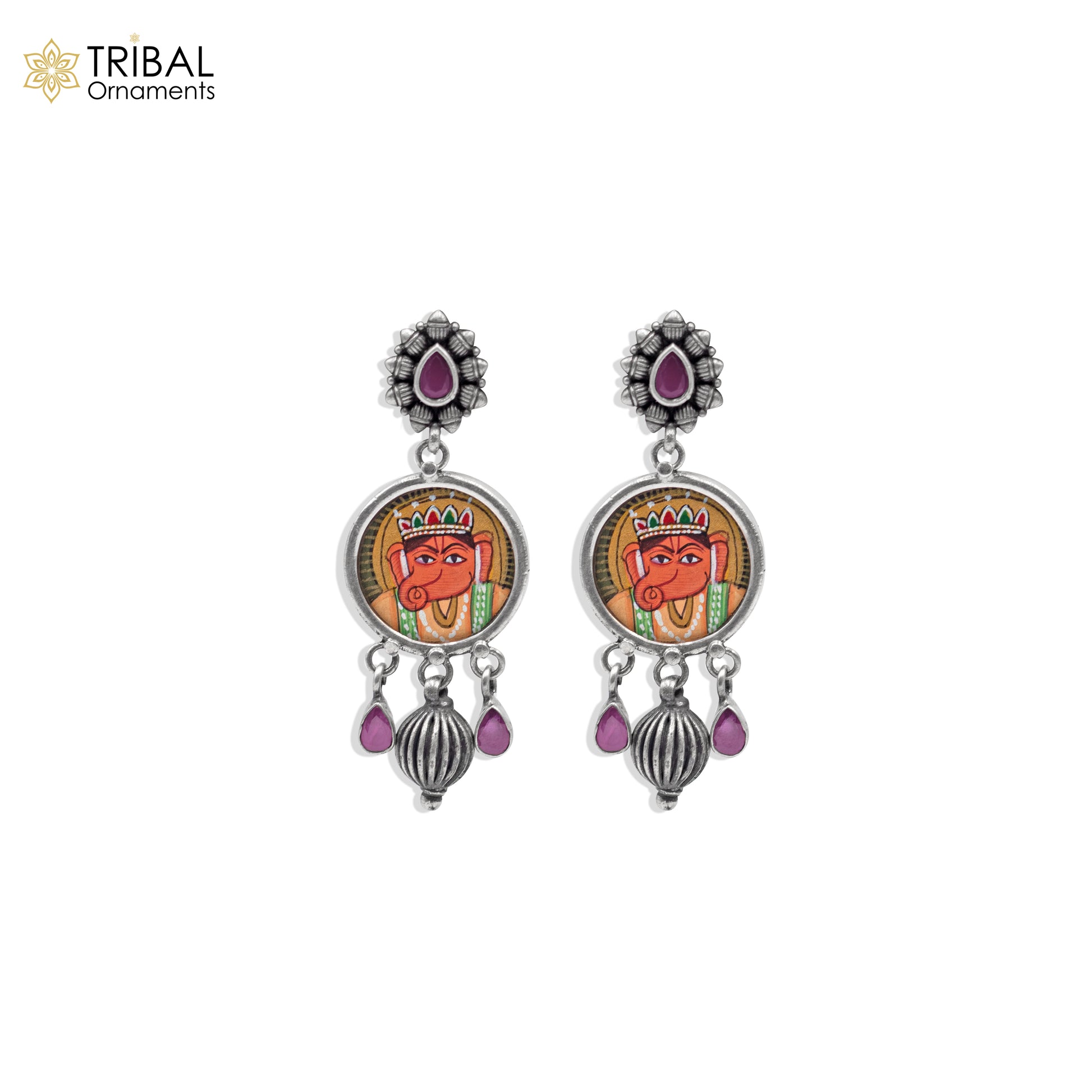 Sterling silver Lord Ganesha miniature painting drop dangle earring by Tribal Ornaments, featuring detailed Ganesha artwork.