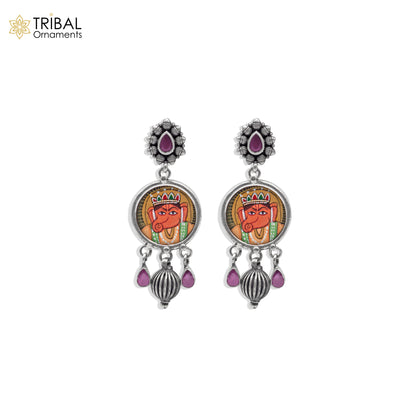 Sterling silver Lord Ganesha miniature painting drop dangle earring by Tribal Ornaments, featuring detailed Ganesha artwork.
