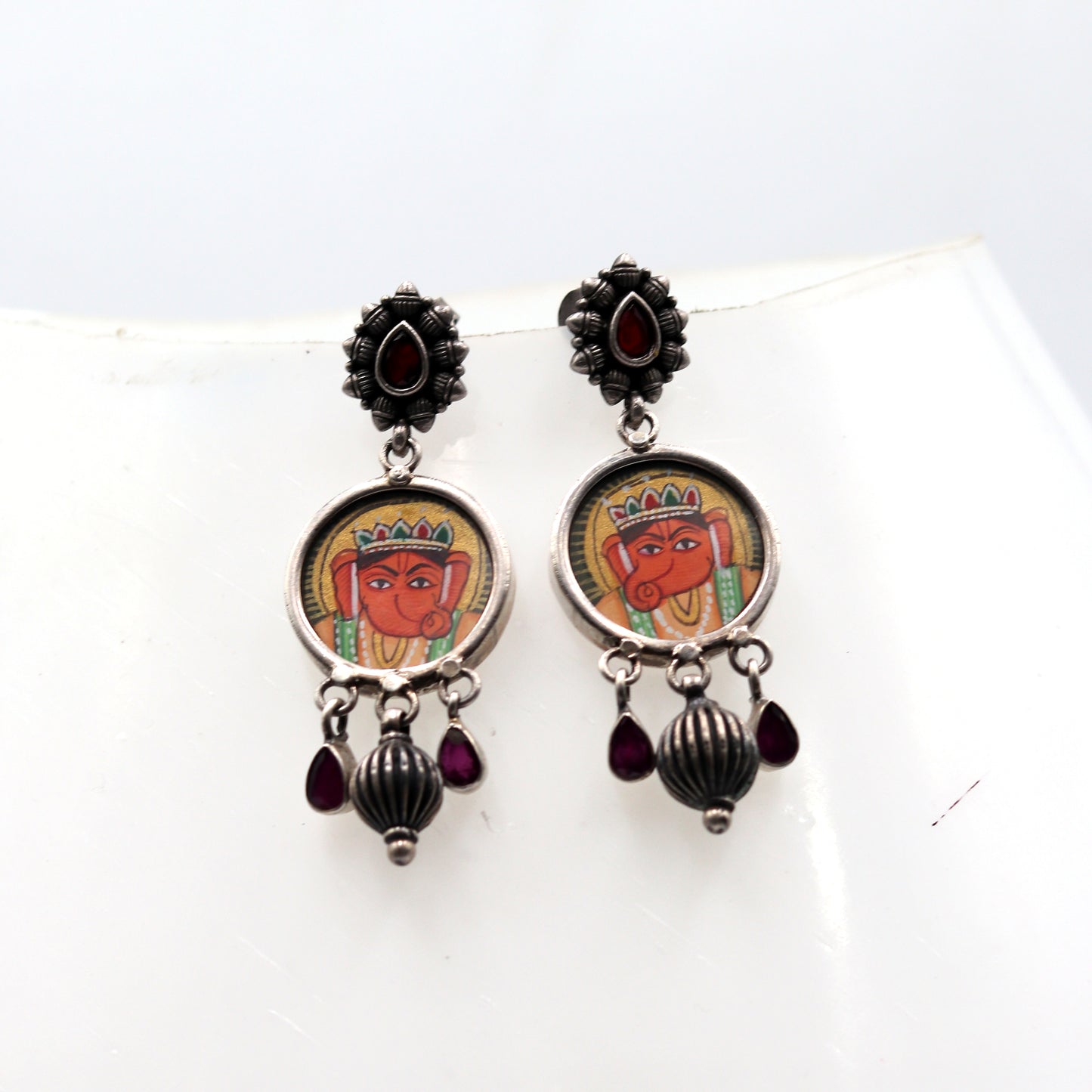 925 sterling silver Lord Ganesha miniature painting drop dangle earring by TRIBAL ORNAMENTS featuring intricate design and vibrant art details