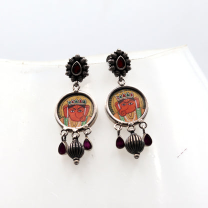 925 sterling silver Lord Ganesha miniature painting drop dangle earring by TRIBAL ORNAMENTS featuring intricate design and vibrant art details