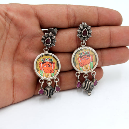 925 sterling silver Lord Ganesha miniature painting drop dangle earring by Tribal Ornaments showing detailed Ganesha artwork.
