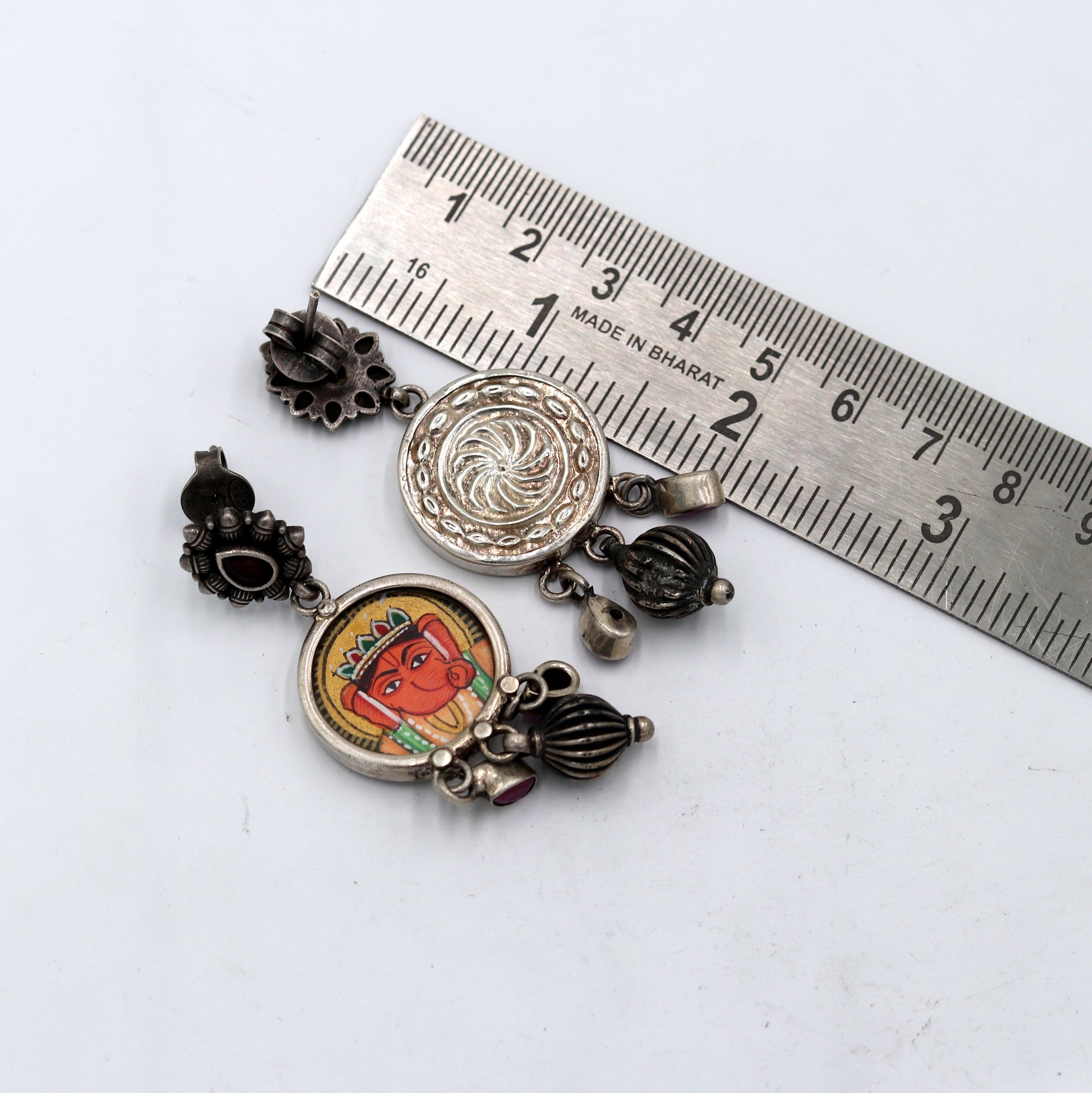 Sterling silver Lord Ganesha miniature painting drop dangle earring by Tribal Ornaments, featuring detailed Ganesha art design