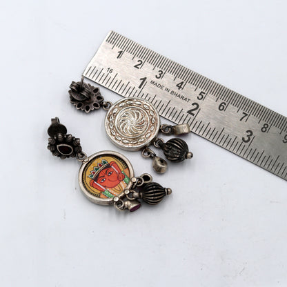 Sterling silver Lord Ganesha miniature painting drop dangle earring by Tribal Ornaments, featuring detailed Ganesha art design