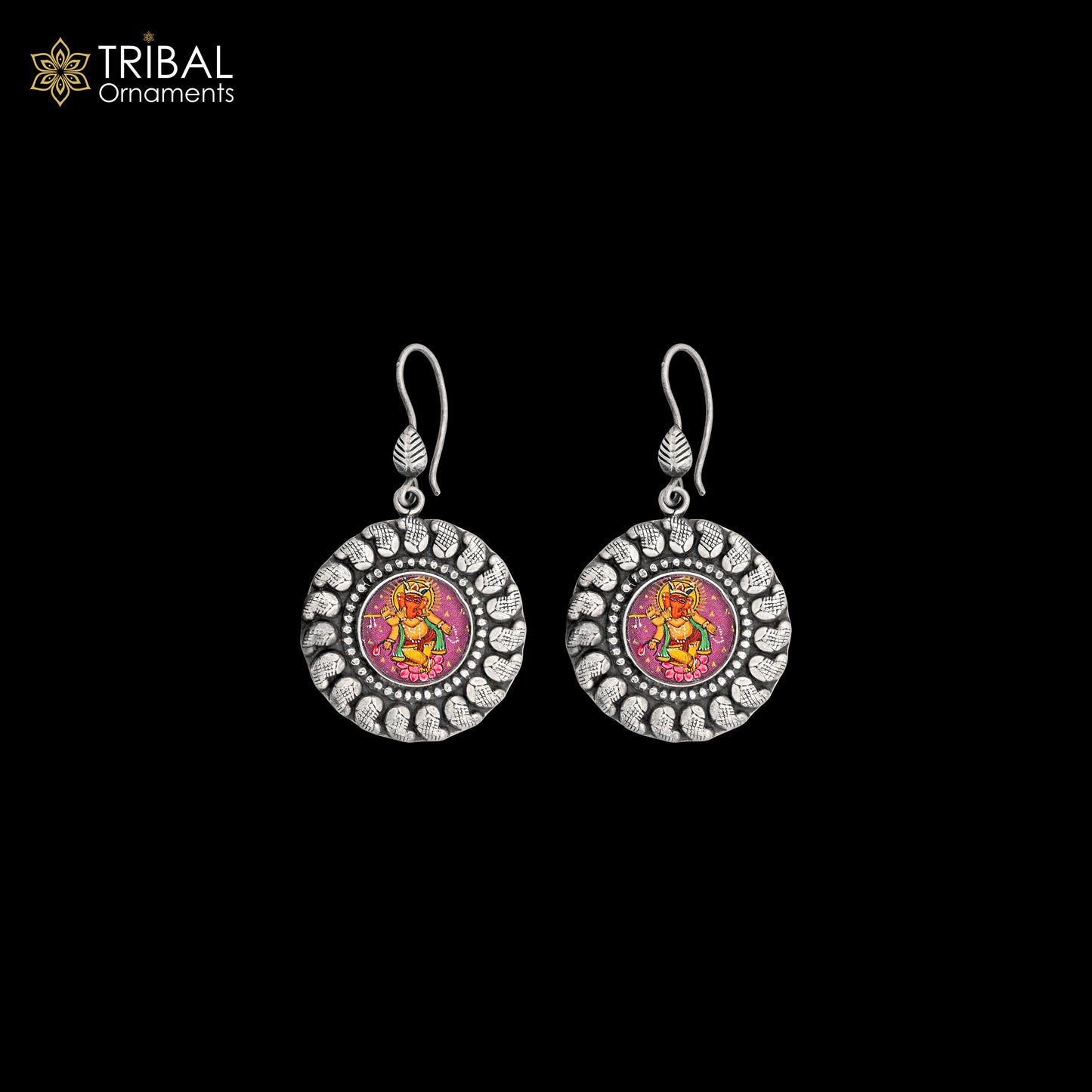 925 sterling silver Lord Ganesha miniature painting drop dangle earring by TRIBAL ORNAMENTS featuring detailed Ganesha artwork.