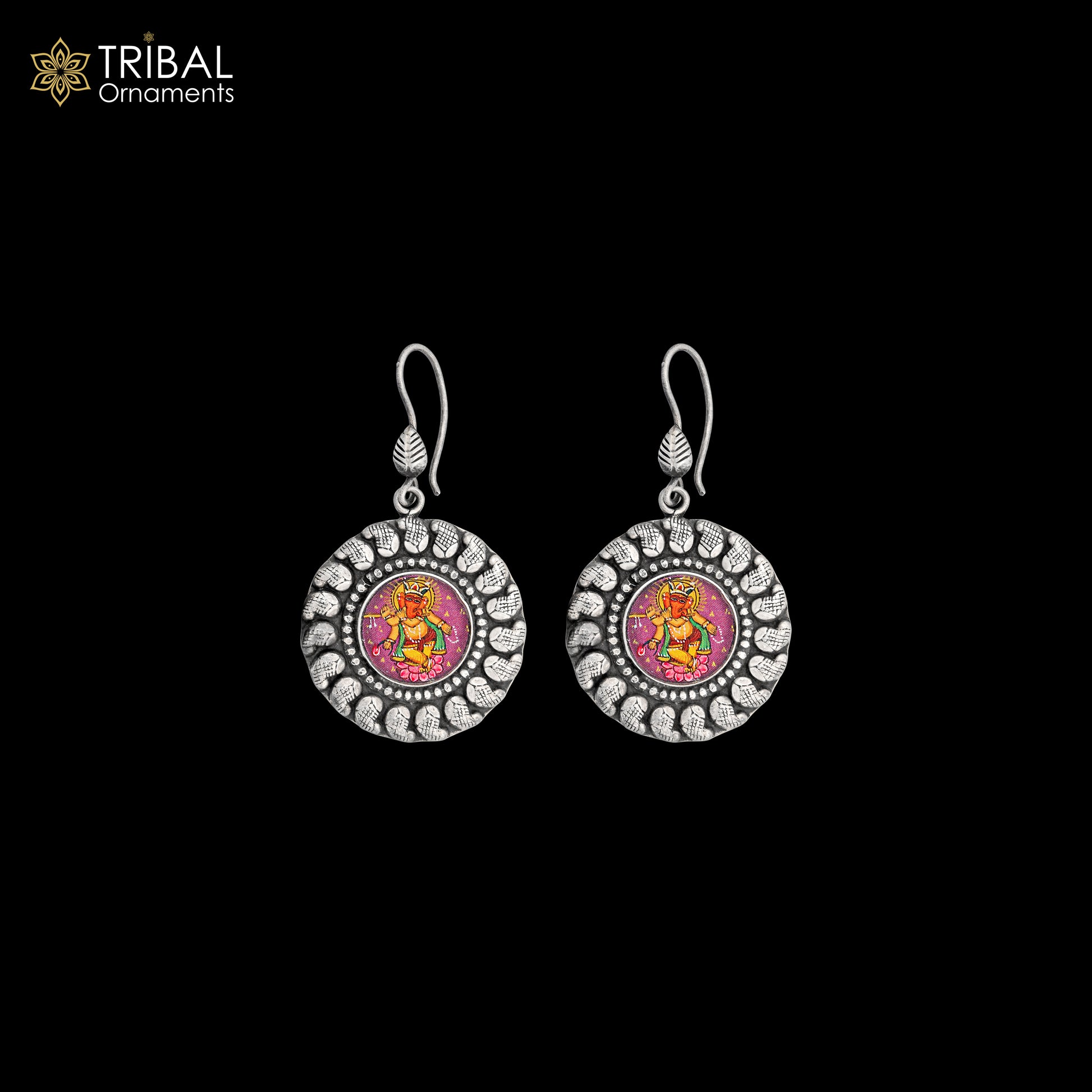 925 sterling silver Lord Ganesha miniature painting drop dangle earring by TRIBAL ORNAMENTS featuring detailed Ganesha artwork.