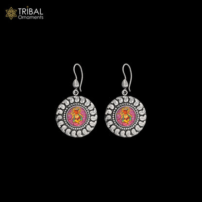 925 sterling silver Lord Ganesha miniature painting drop dangle earring by TRIBAL ORNAMENTS featuring detailed Ganesha artwork.
