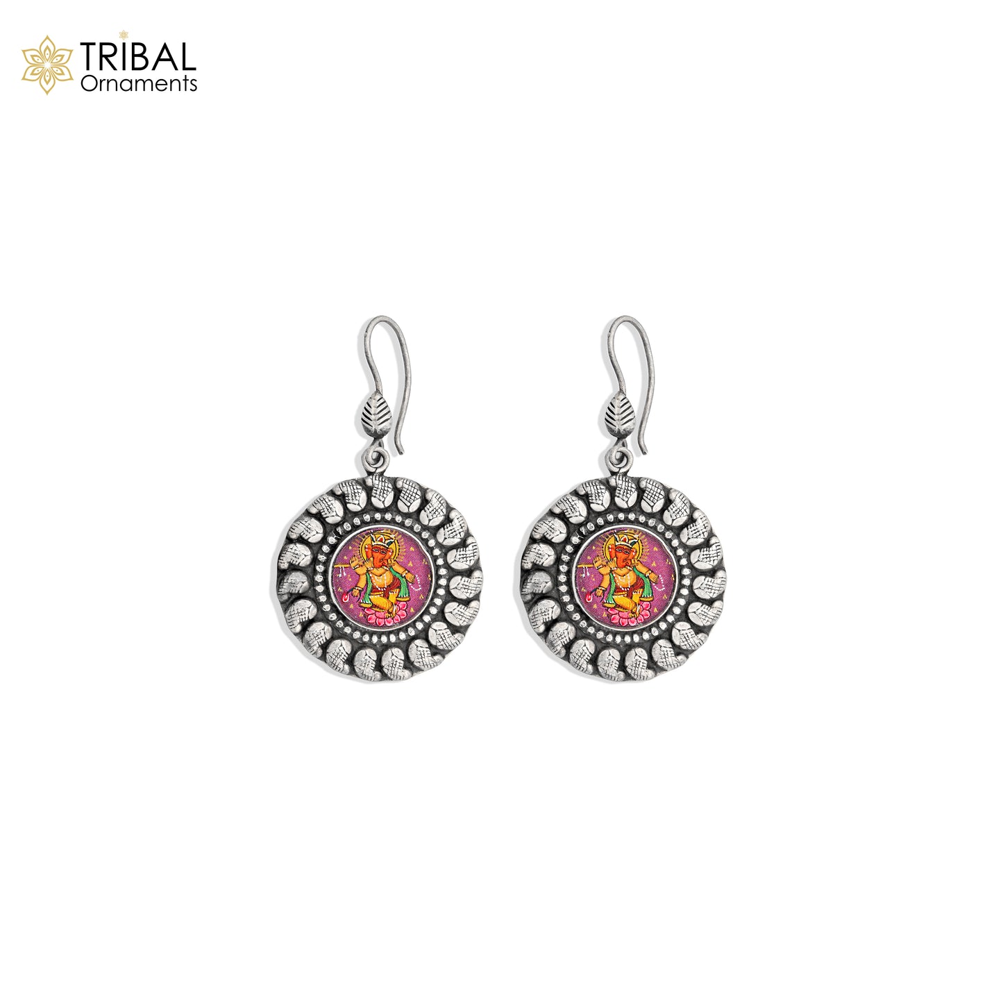 925 sterling silver Lord Ganesha miniature painting drop dangle earring by TRIBAL ORNAMENTS featuring detailed Ganesha artwork.