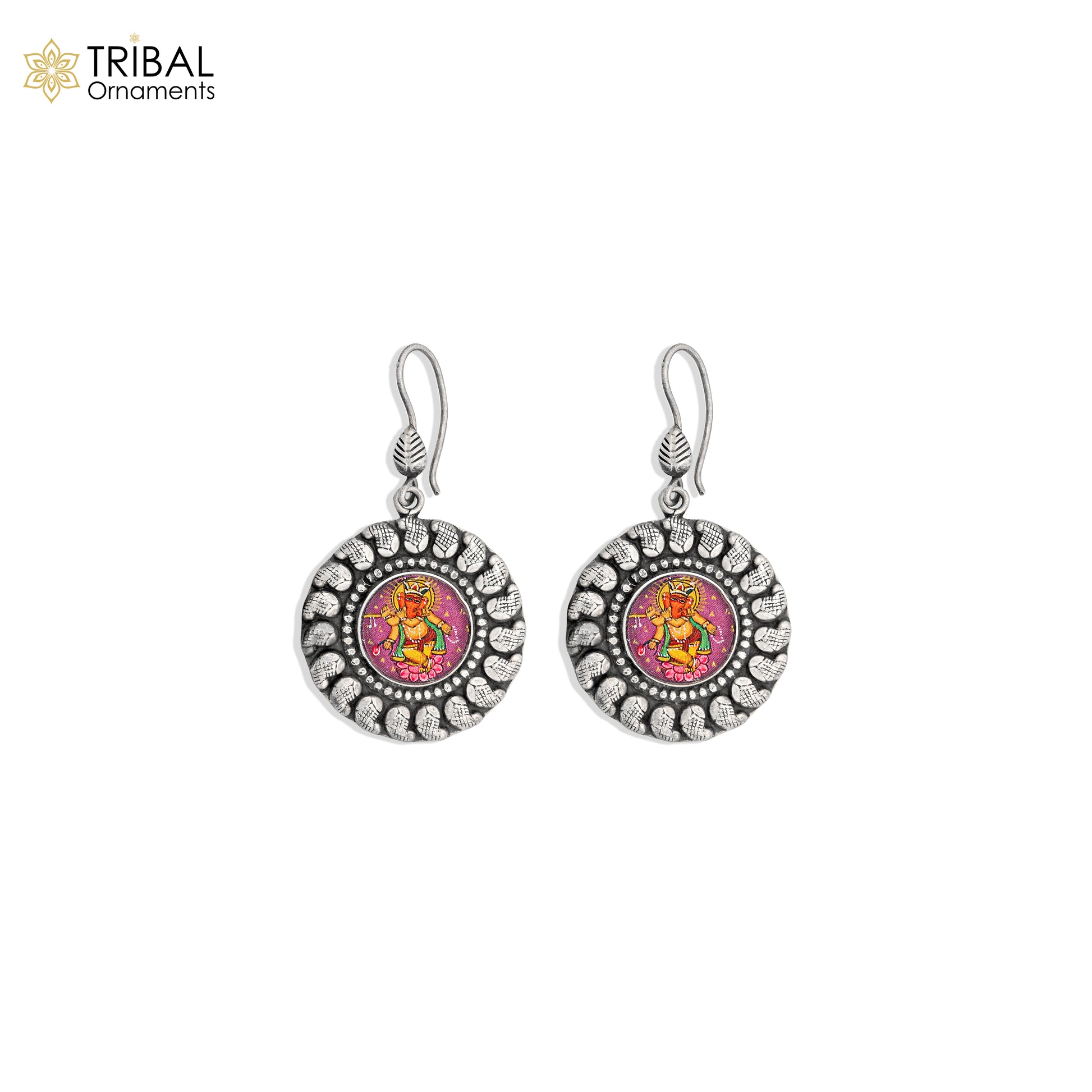 925 sterling silver Lord Ganesha miniature painting drop dangle earring by TRIBAL ORNAMENTS featuring detailed Ganesha artwork.