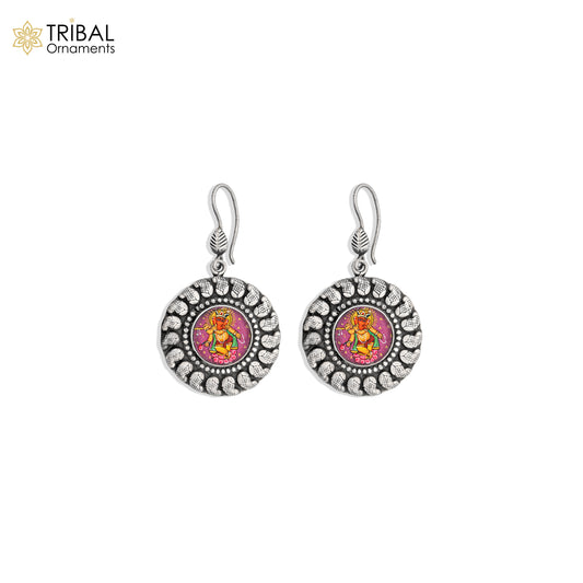 925 sterling silver Lord Ganesha miniature painting drop dangle earring by TRIBAL ORNAMENTS featuring detailed Ganesha artwork.