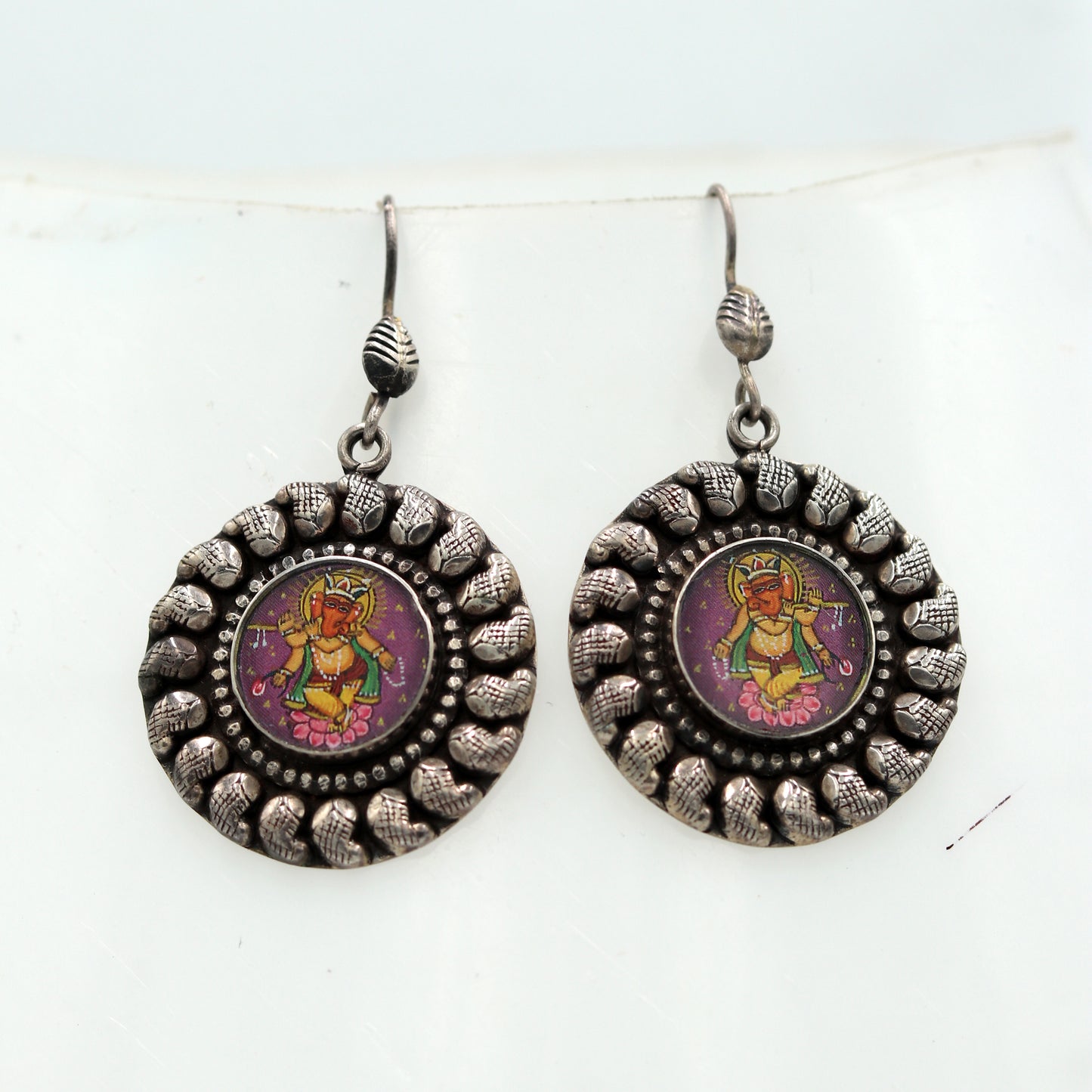 925 silver Lord Ganesha miniature painting dangle earrings by TRIBAL ORNAMENTS with traditional artistic design