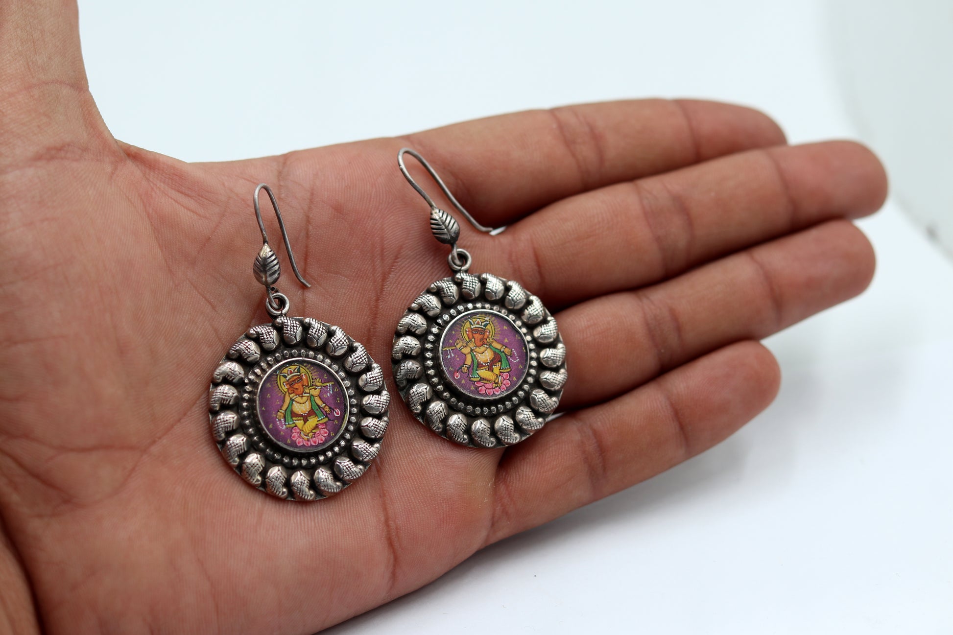 925 sterling silver Lord Ganesha painting miniature art drop dangle earring by TRIBAL ORNAMENTS featuring intricate Ganesha design.