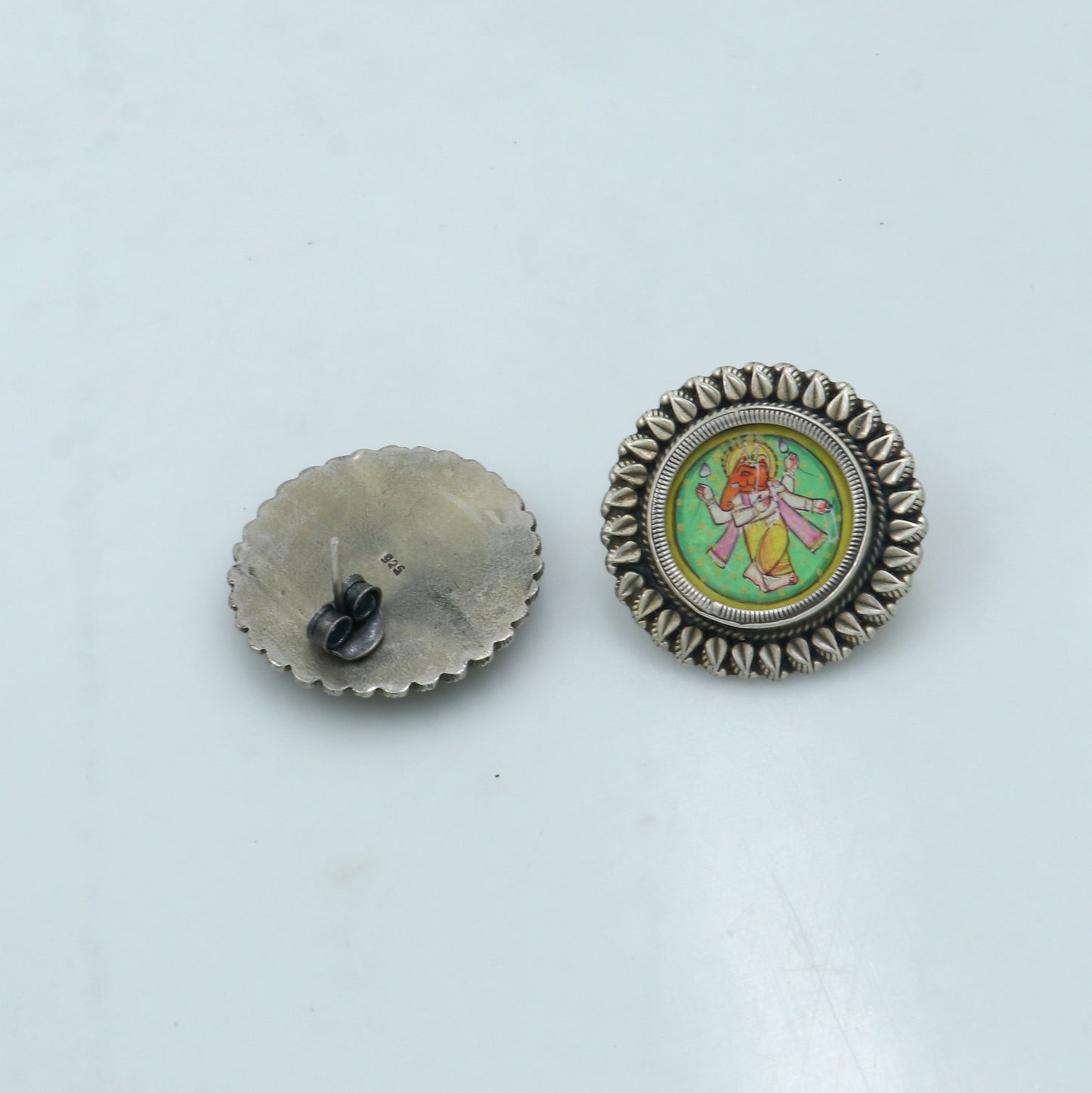 925 sterling silver Lord Ganesha miniature painting hoops earrings by Tribal Ornaments, featuring detailed Ganesha artwork.