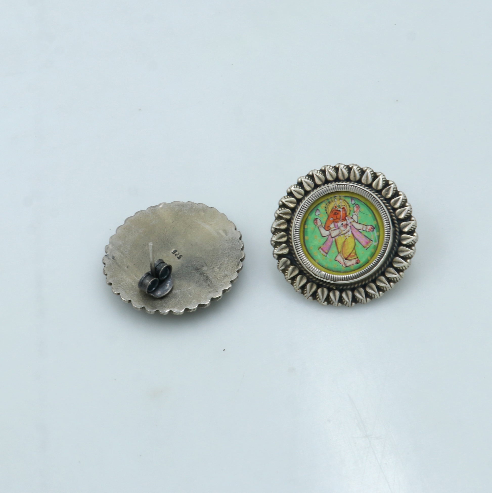925 sterling silver Lord Ganesha miniature painting hoops earrings by Tribal Ornaments, featuring detailed Ganesha artwork.