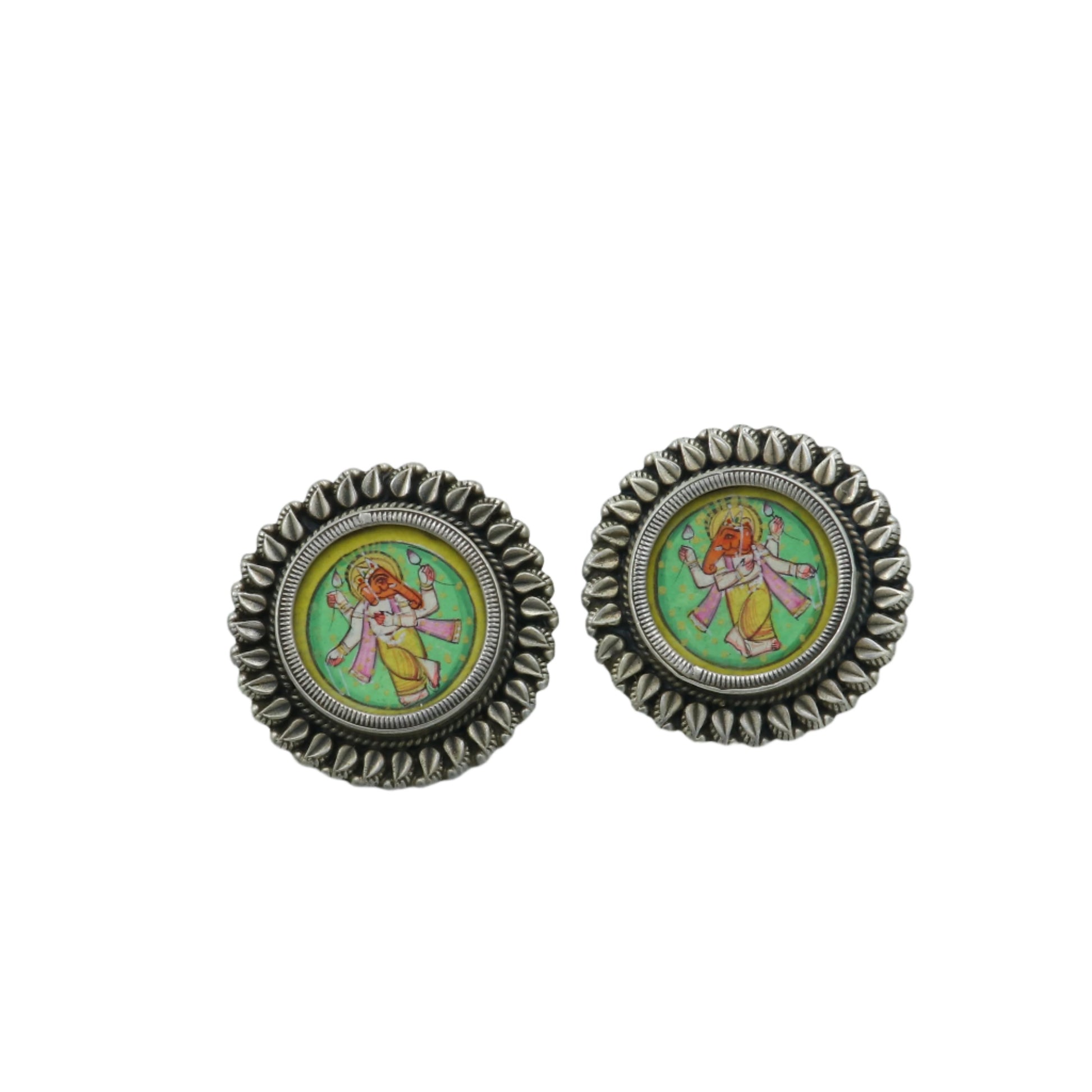 925 sterling silver Lord Ganesha miniature painting hoop earrings by TRIBAL ORNAMENTS featuring intricate Ganesha artwork design