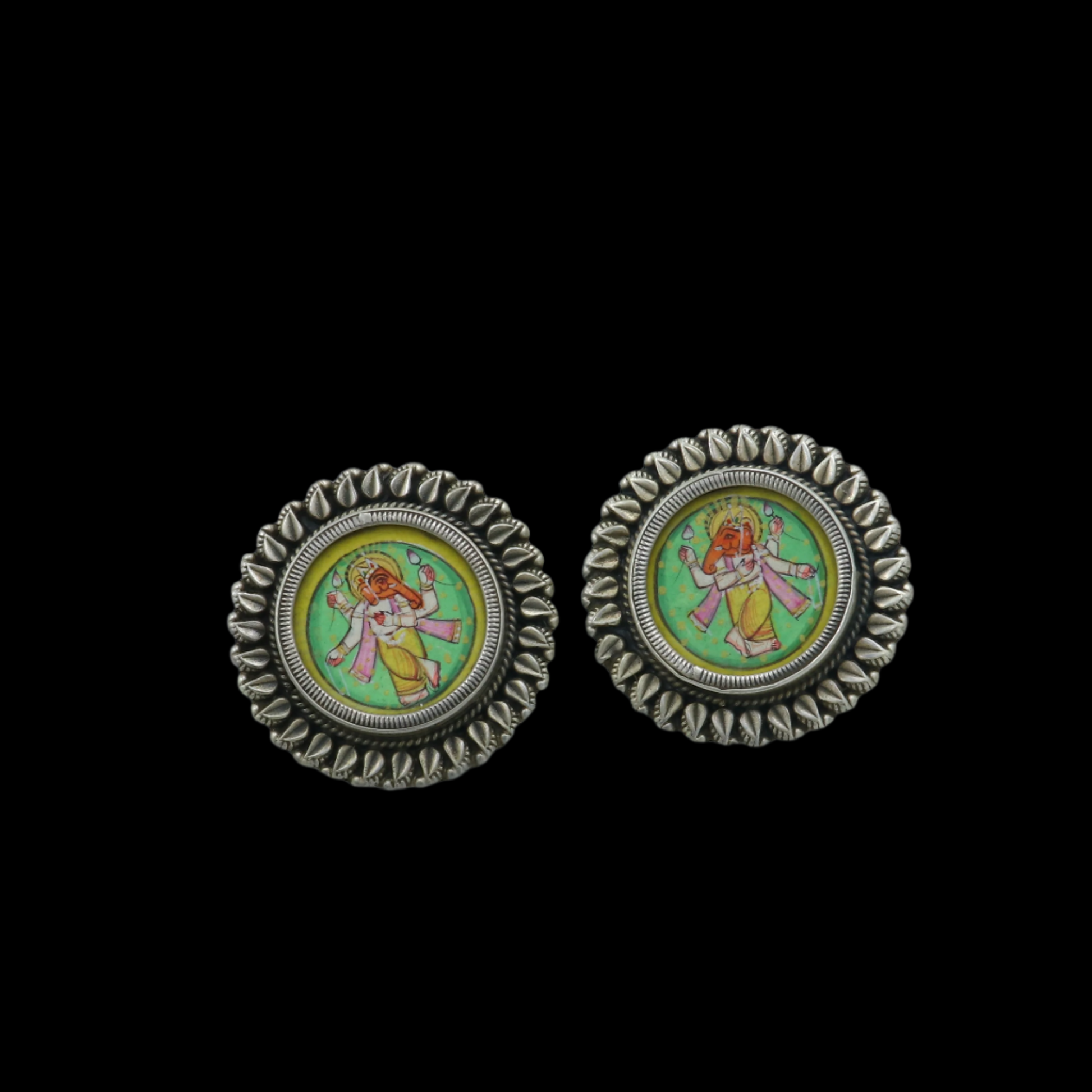 Sterling silver Lord Ganesha miniature art painting hoops earrings by Tribal Ornaments featuring detailed Ganesha design.