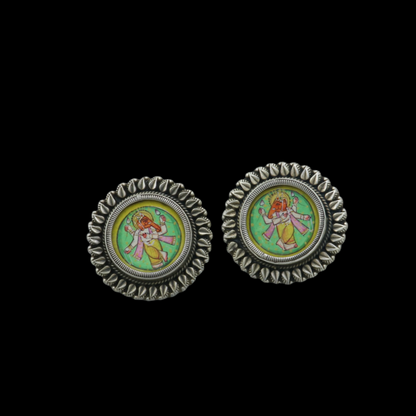Sterling silver Lord Ganesha miniature art painting hoops earrings by Tribal Ornaments featuring detailed Ganesha design.