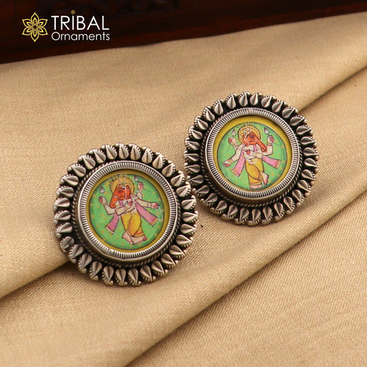 925 sterling silver Lord Ganesha miniature painting on hoops earrings by TRIBAL ORNAMENTS, detailed Hindu deity art jewelry