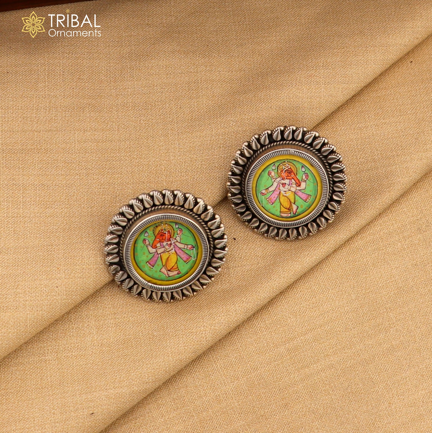 925 sterling silver Lord Ganesha miniature painting hoops earrings by TRIBAL ORNAMENTS, featuring detailed Ganesha artwork design.