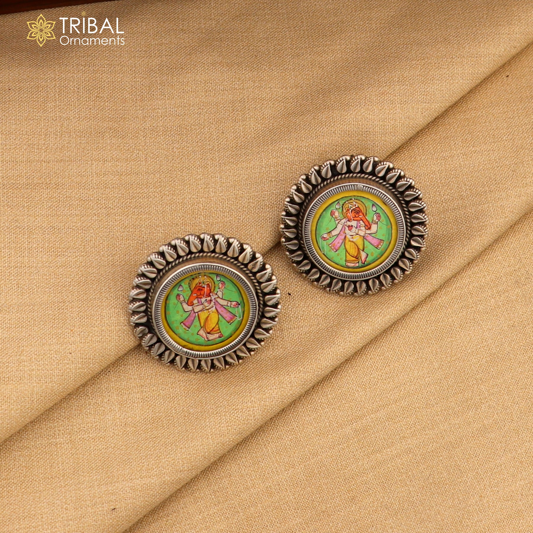 925 sterling silver Lord Ganesha miniature painting hoops earrings by TRIBAL ORNAMENTS, featuring detailed Ganesha artwork design.