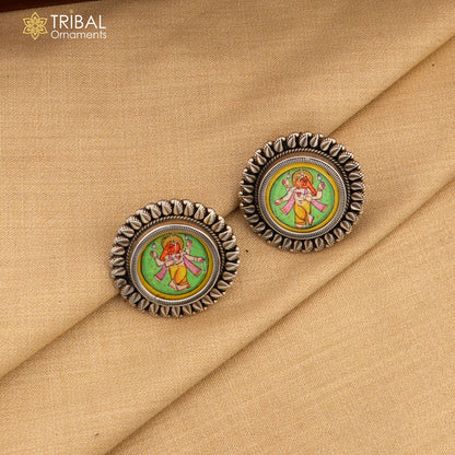 925 sterling silver Lord Ganesha miniature painting hoops earrings by TRIBAL ORNAMENTS, featuring detailed Ganesha artwork design.