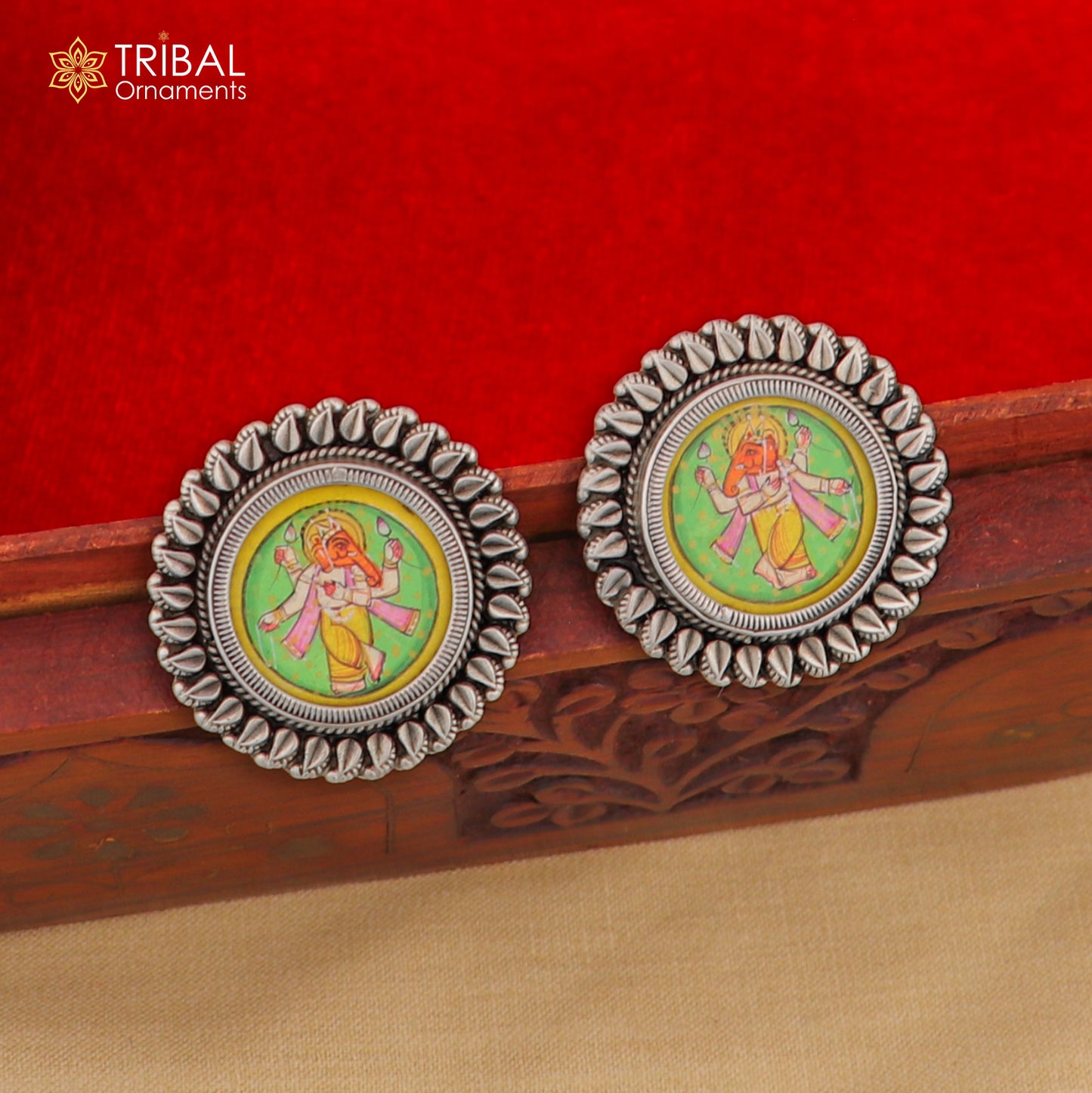 Sterling silver Lord Ganesha miniature painting hoops earrings by TRIBAL ORNAMENTS featuring detailed Ganesha artwork.