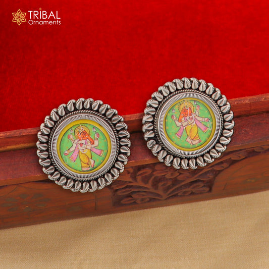 Sterling silver Lord Ganesha miniature painting hoops earrings by TRIBAL ORNAMENTS featuring detailed Ganesha artwork.