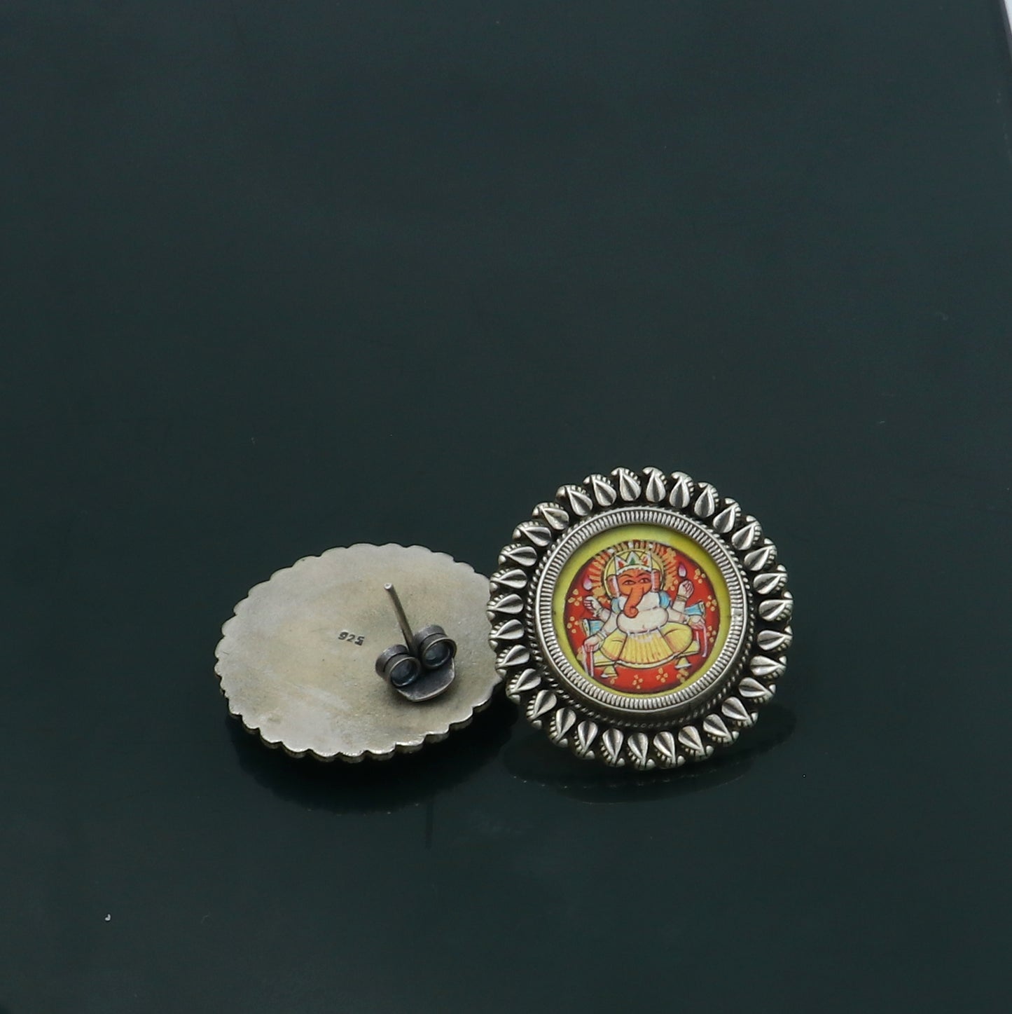 Sterling silver Lord Ganesha miniature painting hoops earrings by Tribal Ornaments with detailed Ganesha art design