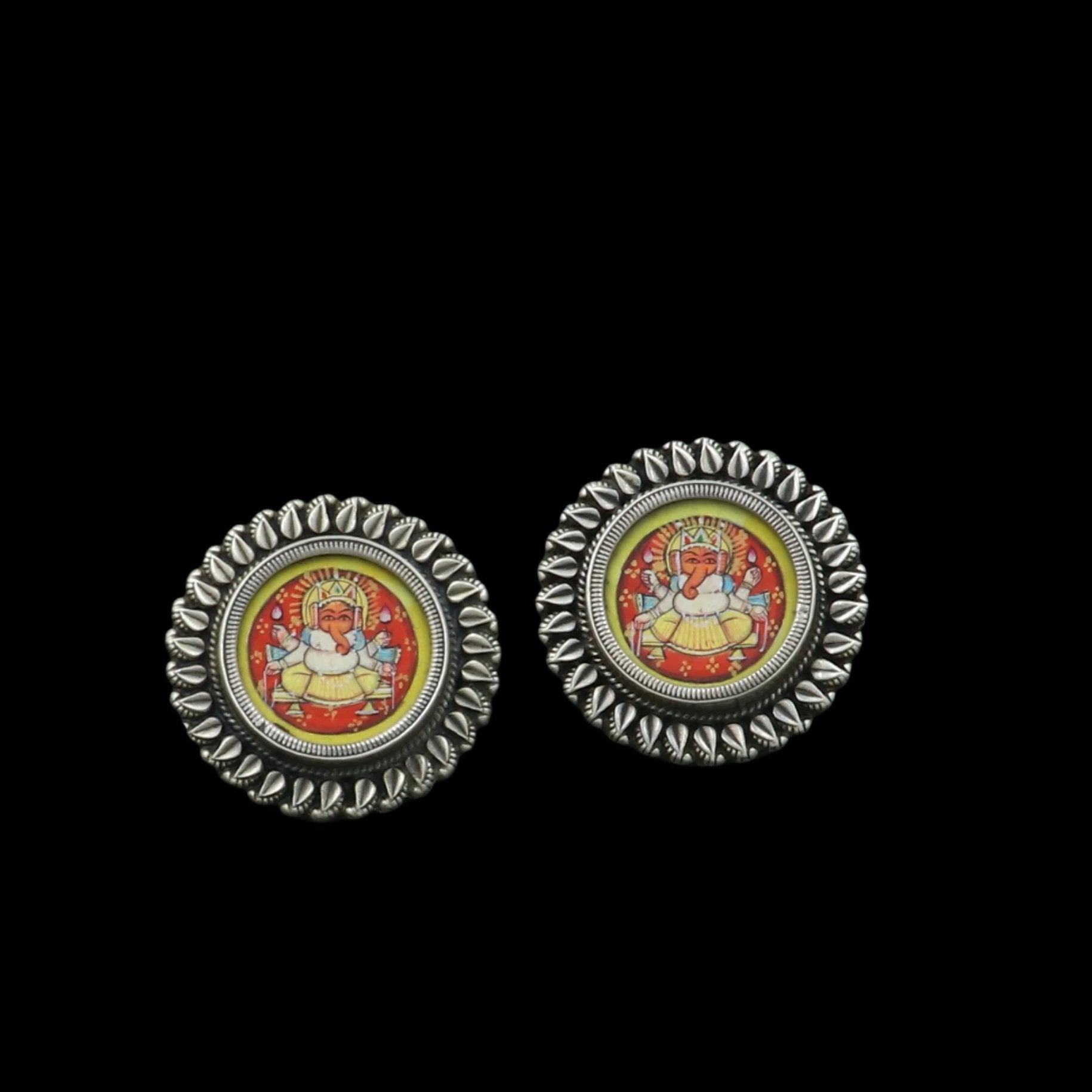 Sterling silver Lord Ganesha miniature art painting hoops earrings by TRIBAL ORNAMENTS featuring detailed Ganesha design in silver