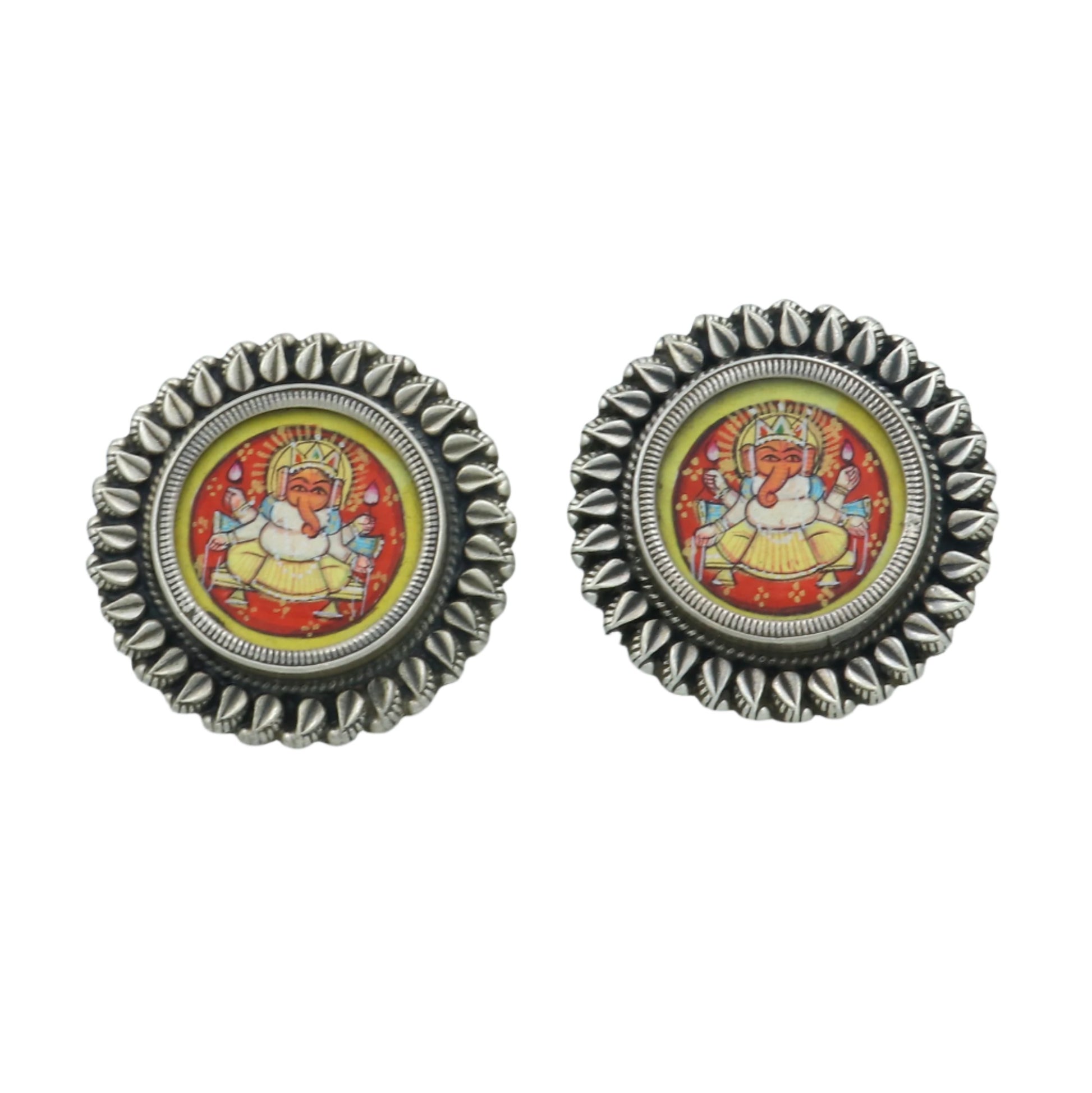 925 sterling silver Lord Ganesha miniature painting hoops earrings by TRIBAL ORNAMENTS featuring detailed Ganesha artwork and silver hoops.